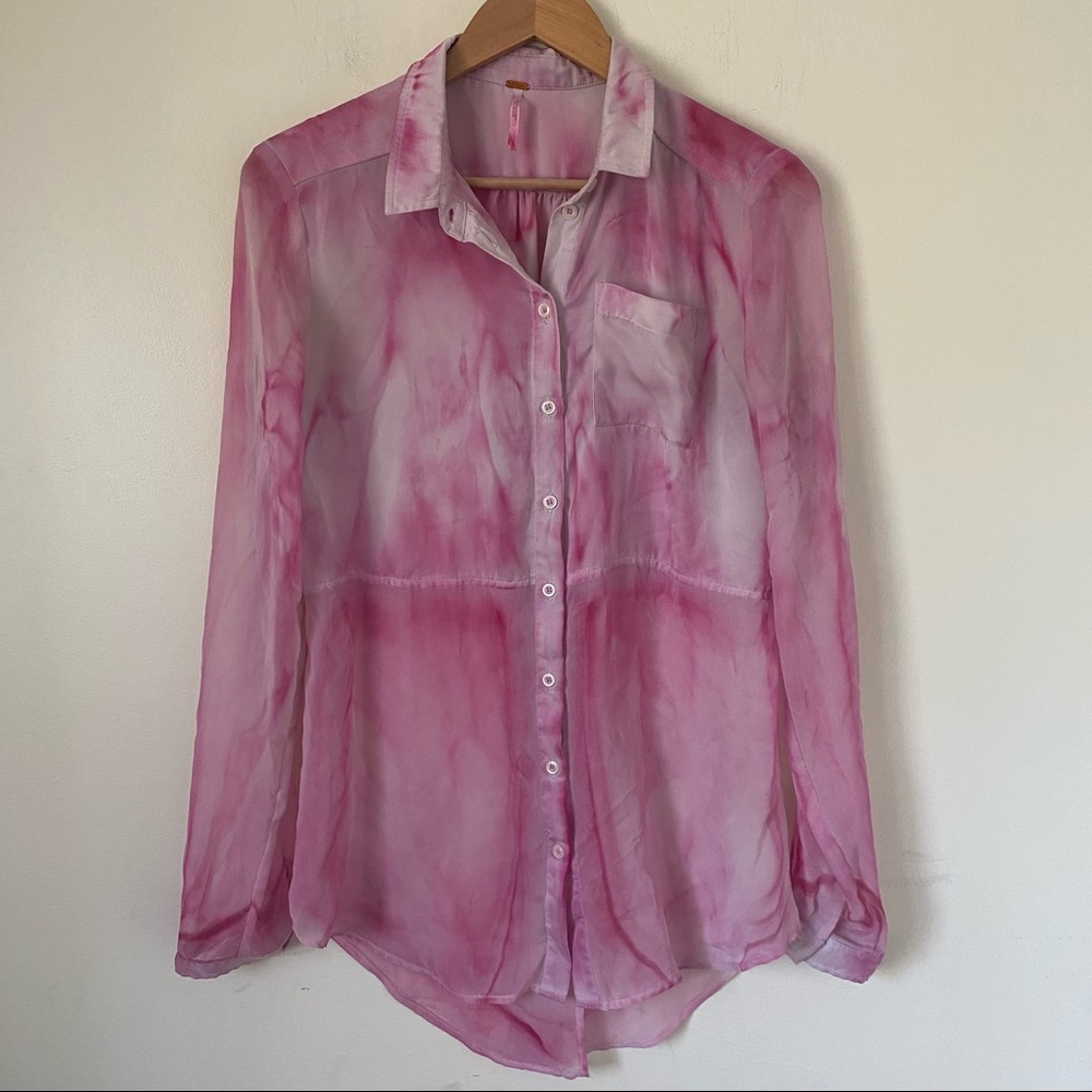 Free People Light Pink Sheer Button Down Oversized Tie Dye Size S
